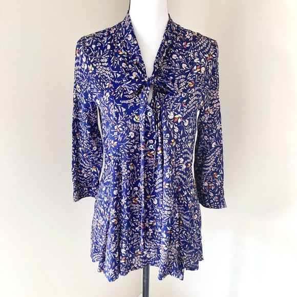 Anthropologie Maeve Blue Floral Print Tie Blouse Size S - Picture 1 of 13